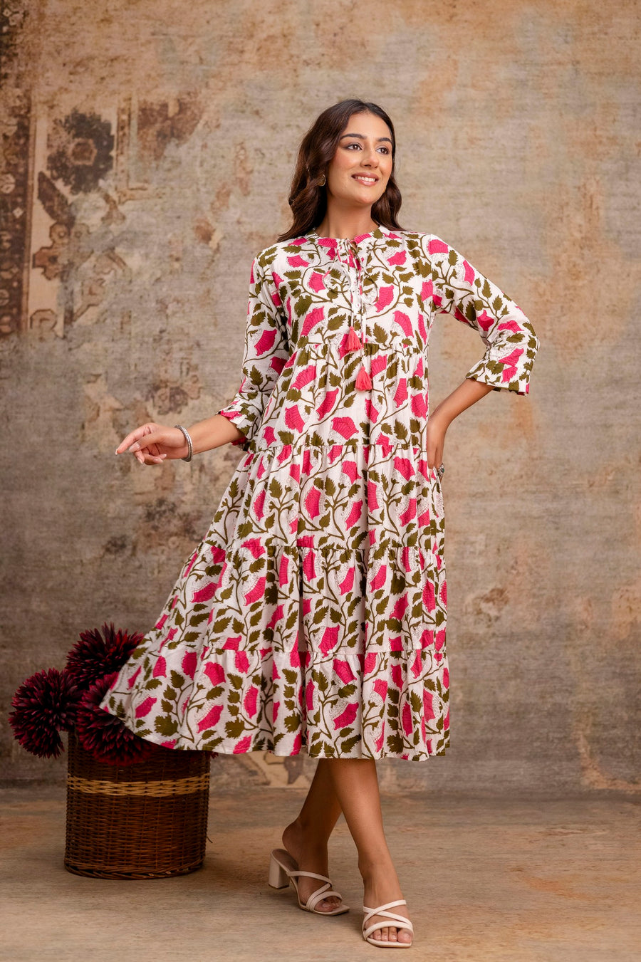 Aaronee Pure Cotton Middy Dress with Pink Leaf Print – Flared Casual Look