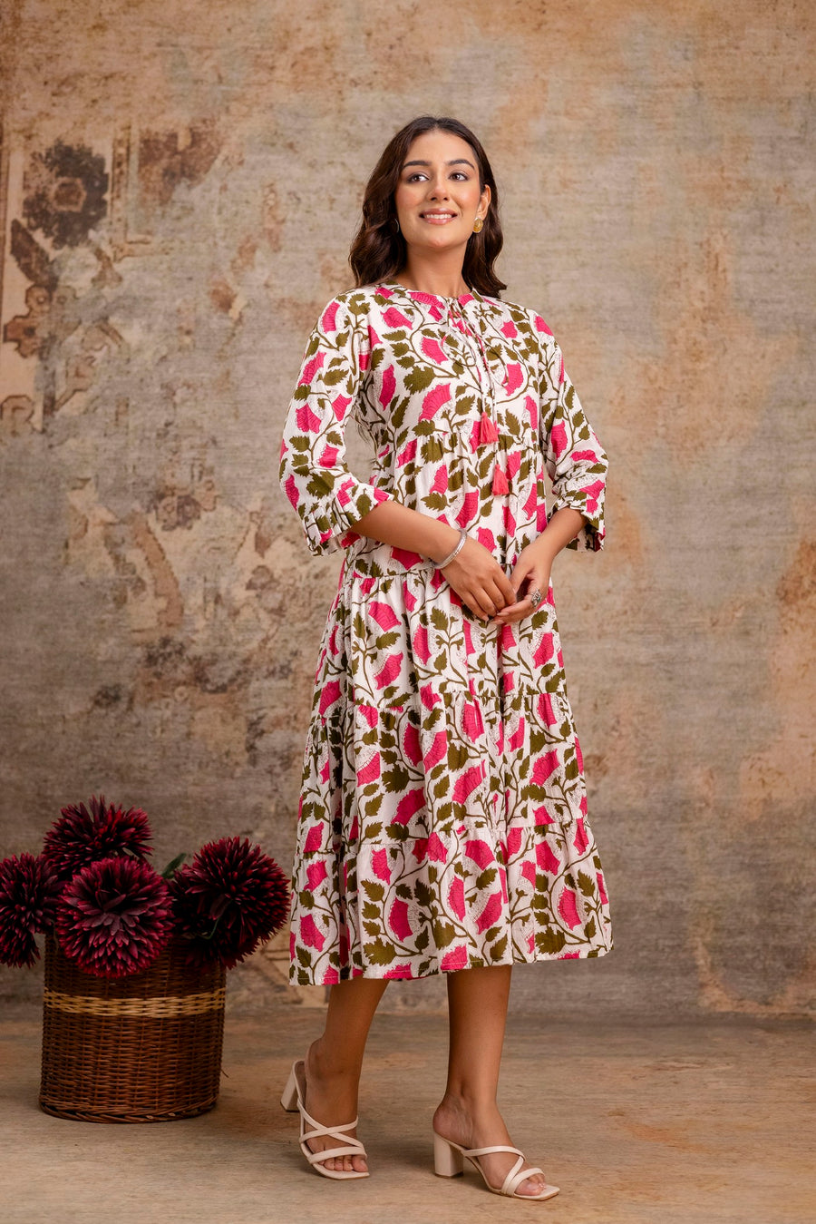 Aaronee Pure Cotton Middy Dress with Pink Leaf Print – Flared Casual Look