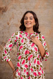 Aaronee Pure Cotton Middy Dress with Pink Leaf Print – Flared Casual Look