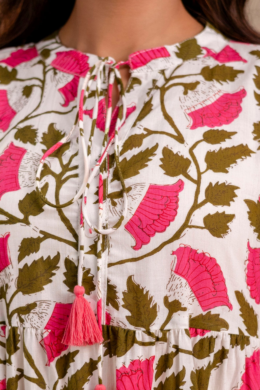 Aaronee Pure Cotton Middy Dress with Pink Leaf Print – Flared Casual Look
