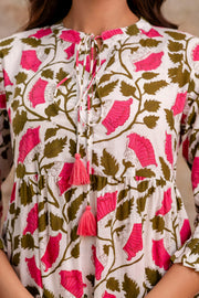 Aaronee Pure Cotton Middy Dress with Pink Leaf Print – Flared Casual Look
