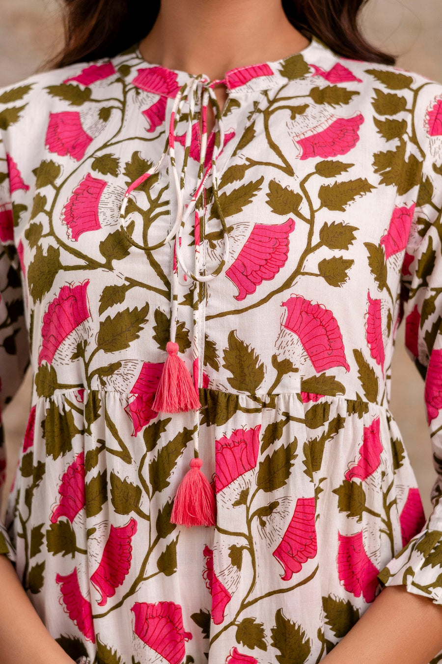 Aaronee Pure Cotton Middy Dress with Pink Leaf Print – Flared Casual Look