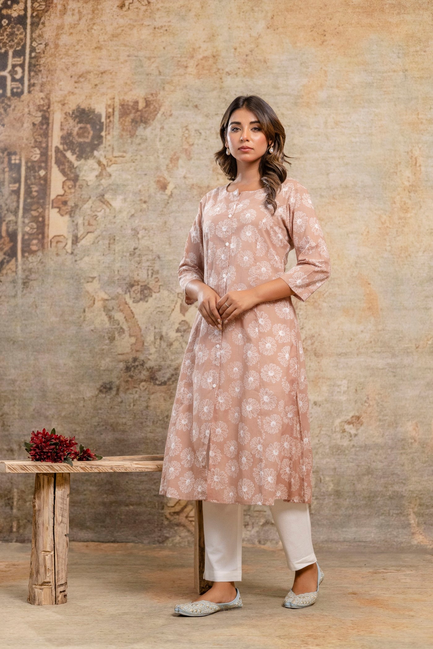 Peach floral cotton kurta front view