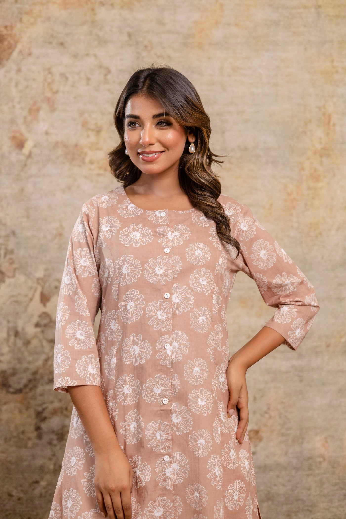 Pure cotton A-line kurta with white flower print