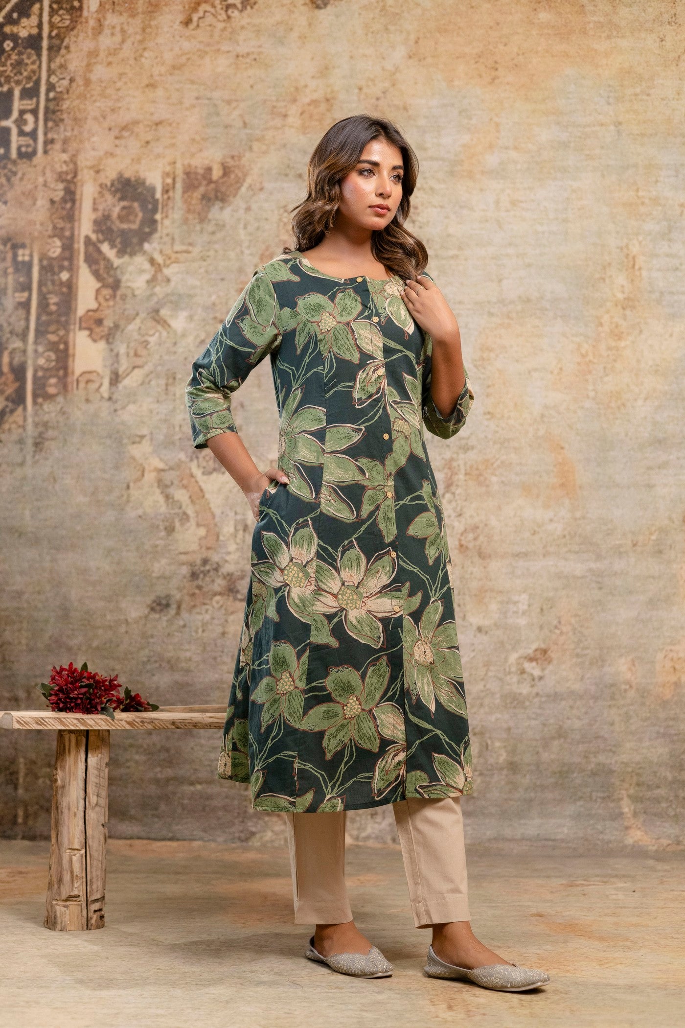 Forest green floral cotton kurta front view