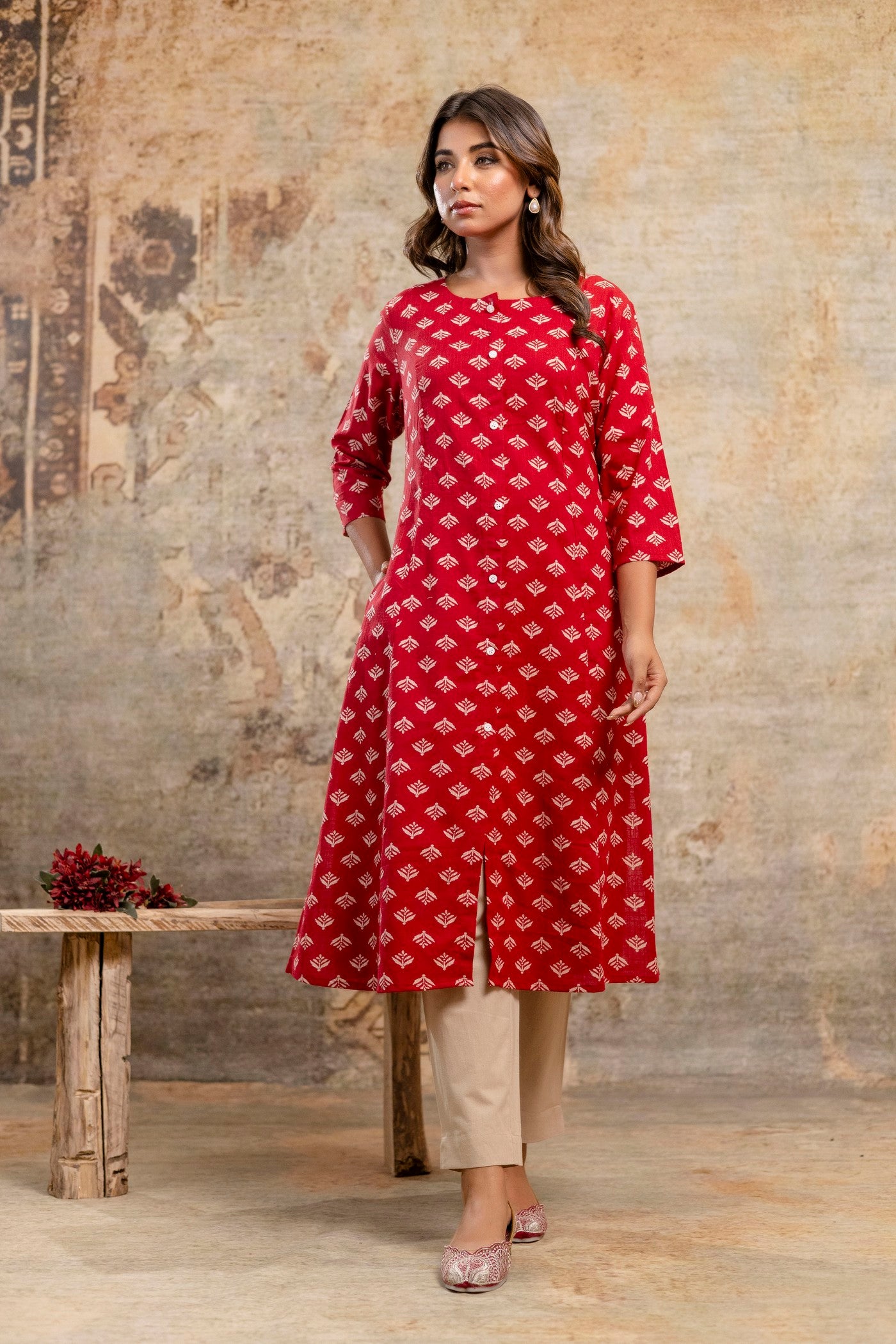 red Ikat Print Pure Cotton Kurta by Aaronee – Front View