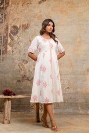 Aaronee Pure Cotton White & Pink Floral Embroidered Middy Dress for Women