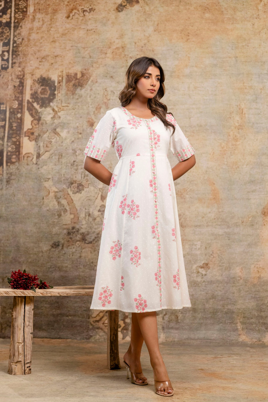Aaronee Pure Cotton White & Pink Floral Embroidered Middy Dress for Women