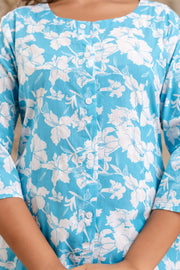 Elegant Blue Floral Printed Kurta Set in Pure Cotton by Aaronee
