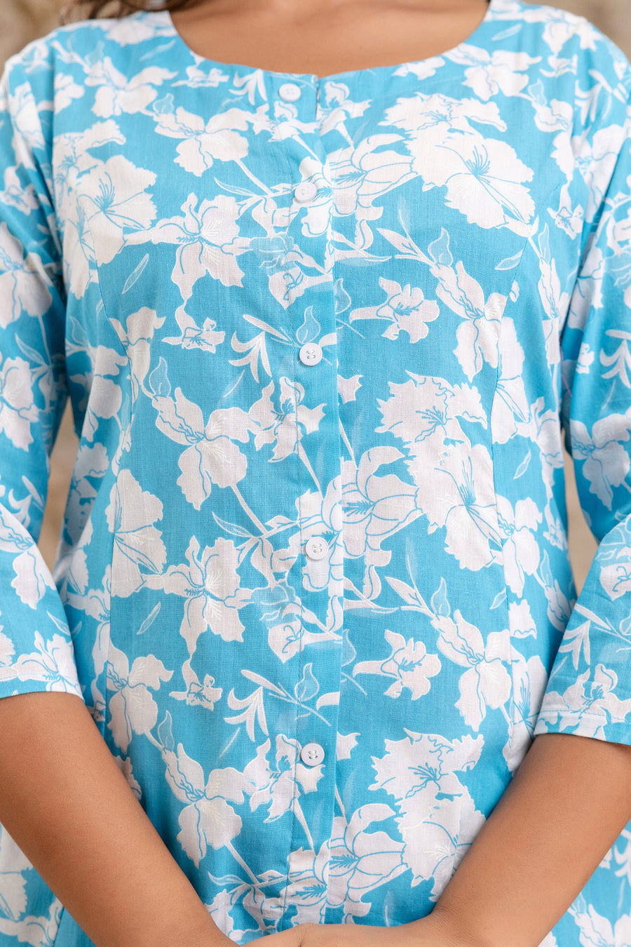 Elegant Blue Floral Printed Kurta Set in Pure Cotton by Aaronee