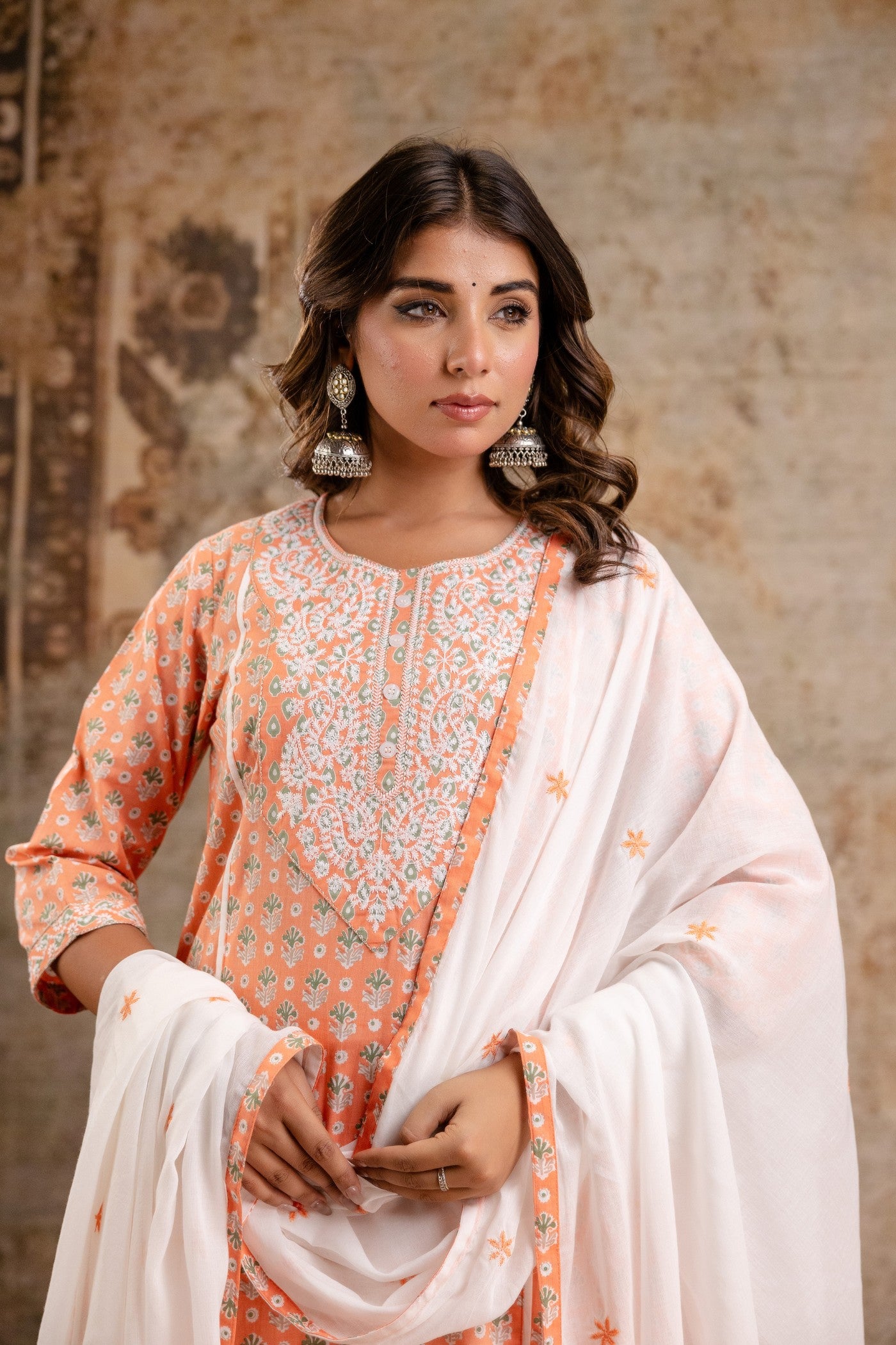 Elegant Pure Cotton Dupatta Set with Embroidered Yoke & Dupatta - Peach/Pink | Aaronee