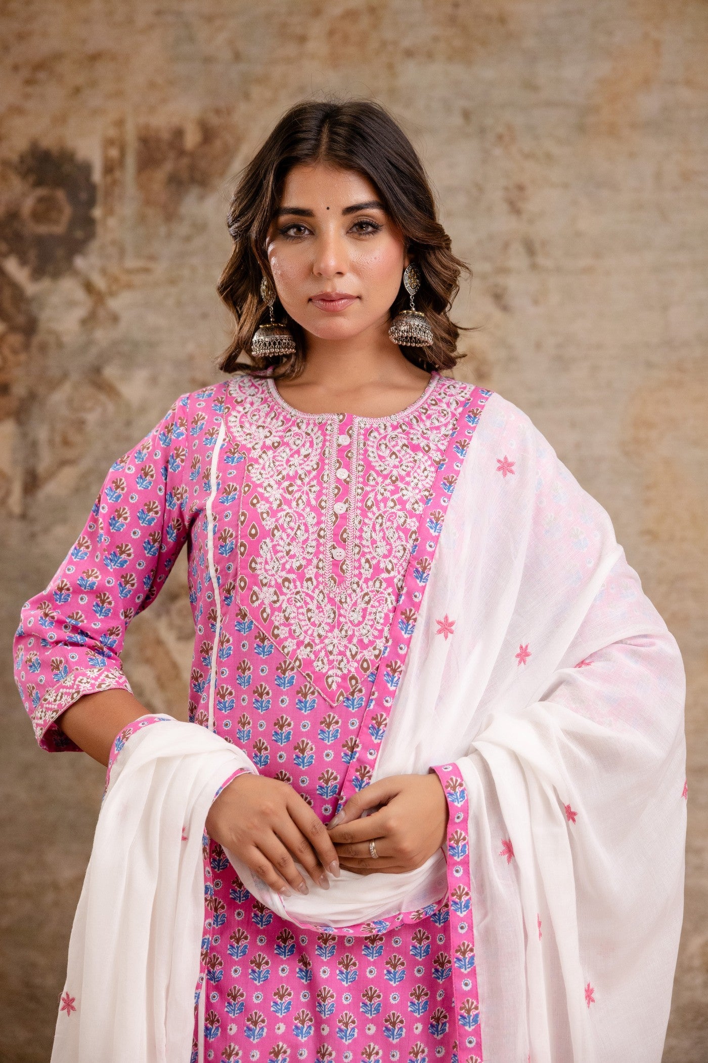 Elegant Pure Cotton Dupatta Set with Embroidered Yoke & Dupatta - Peach/Pink | Aaronee