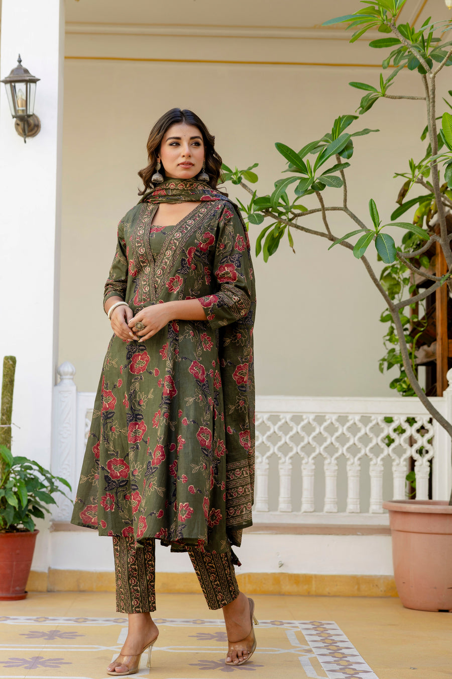 AARONEE Beautiful Cotton Anarkali Kurta Set with Kota Doriya Dupatta for Women