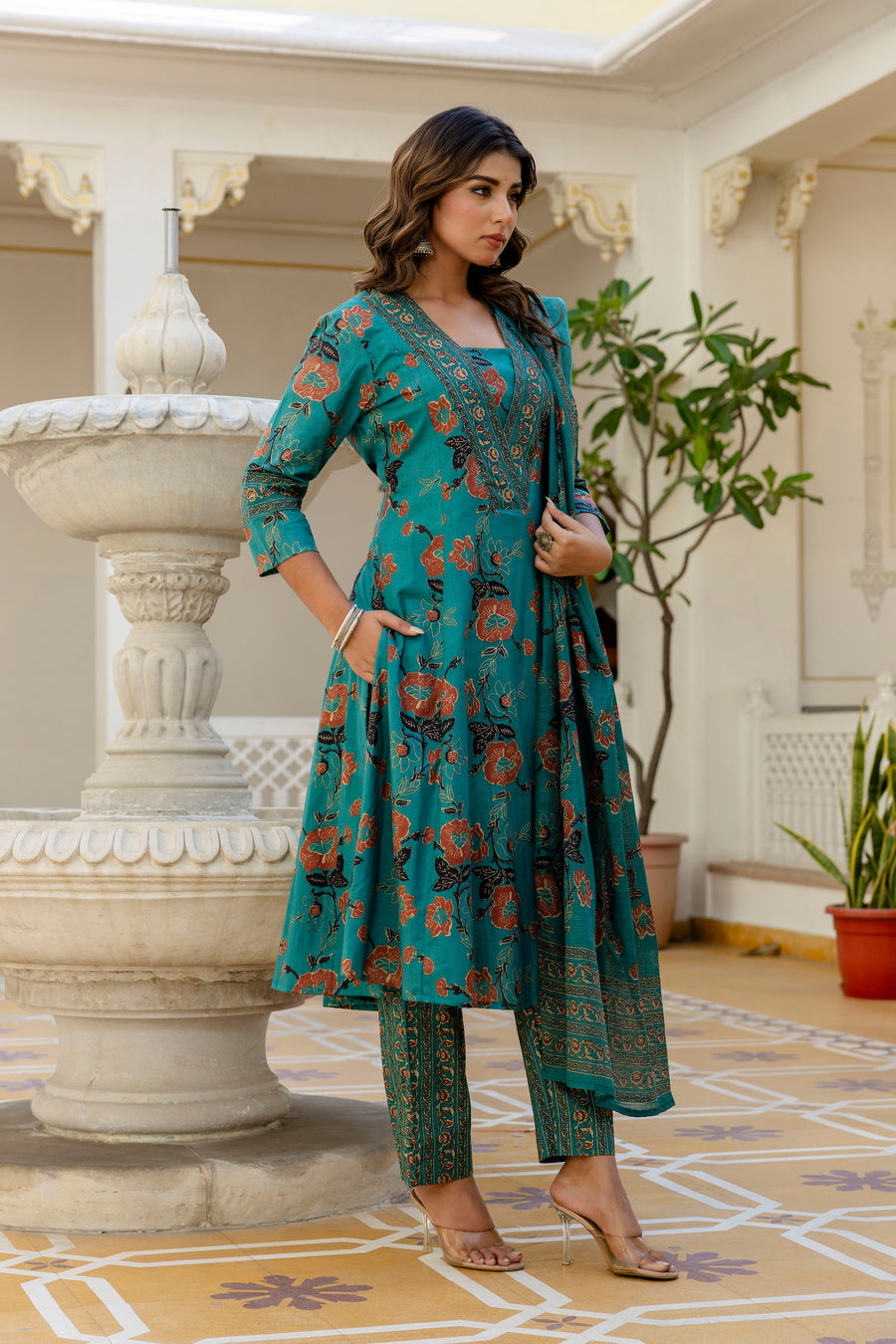 AARONEE Beautiful Cotton Anarkali Kurta Set with Kota Doriya Dupatta for Women
