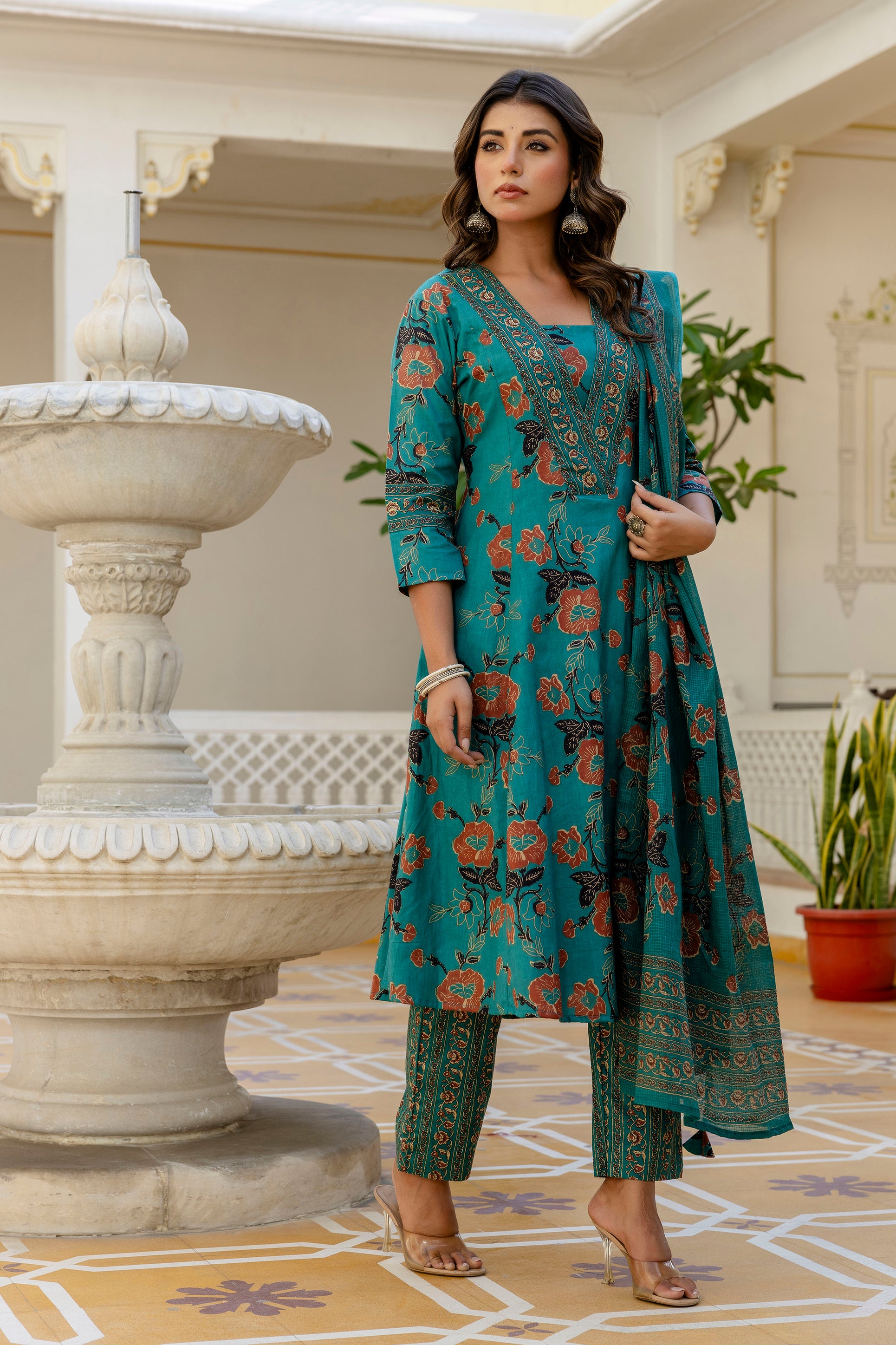 AARONEE Beautiful Cotton Anarkali Kurta Set with Kota Doriya Dupatta for Women