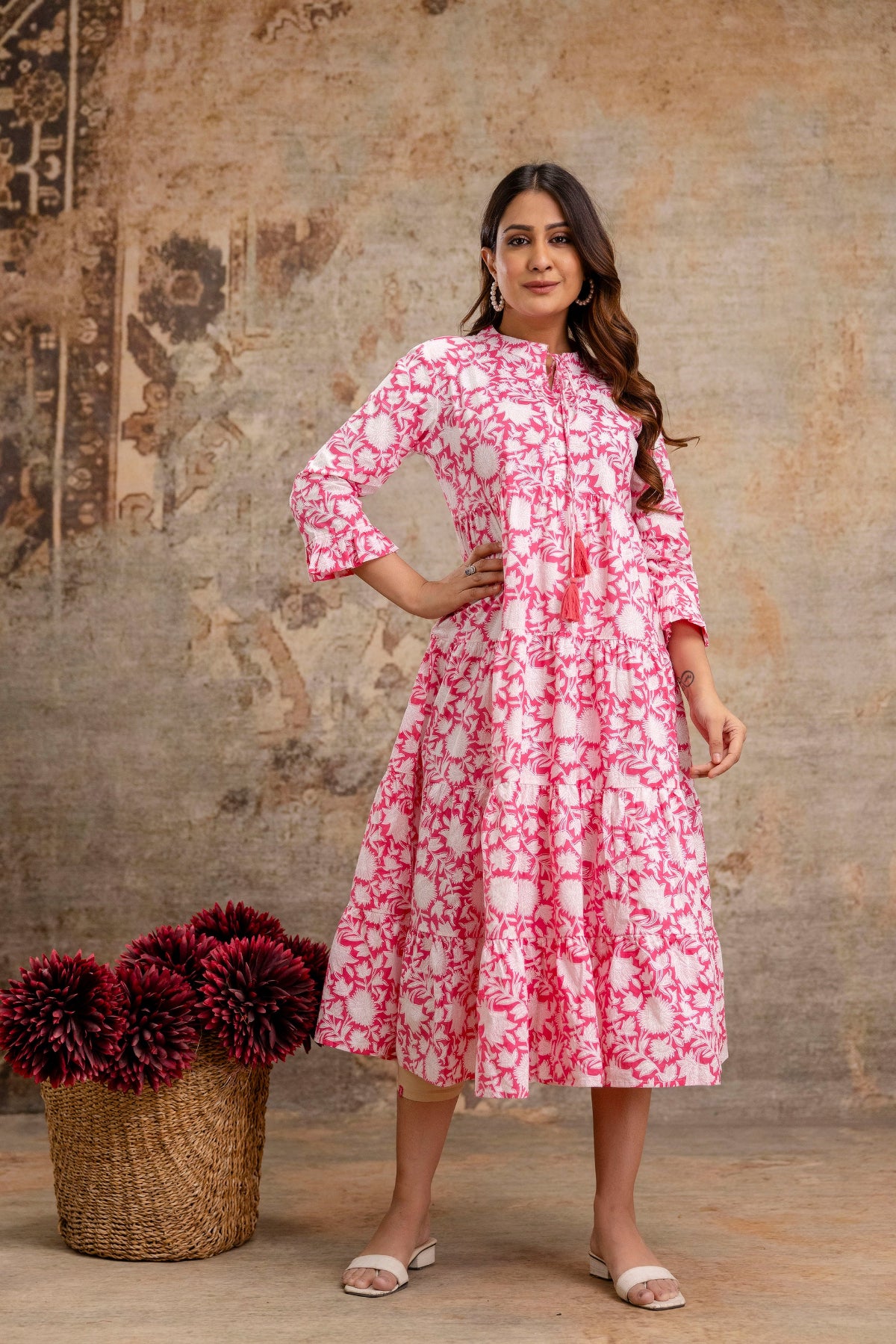 Pretty in Pink: Stylish Summer Floral Middi Dress for Women