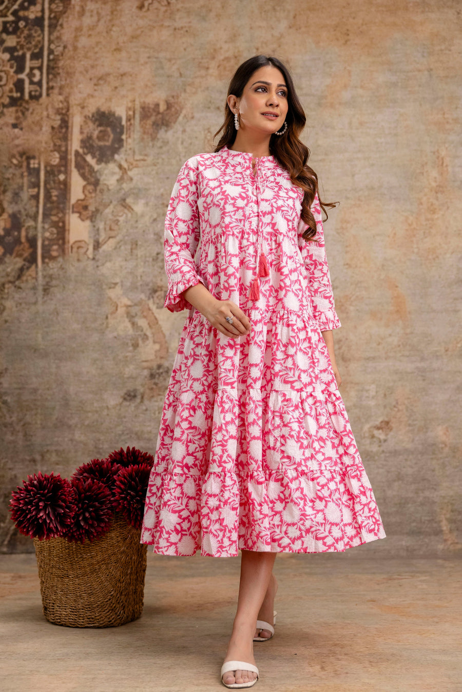 Pretty in Pink: Stylish Summer Floral Middi Dress for Women