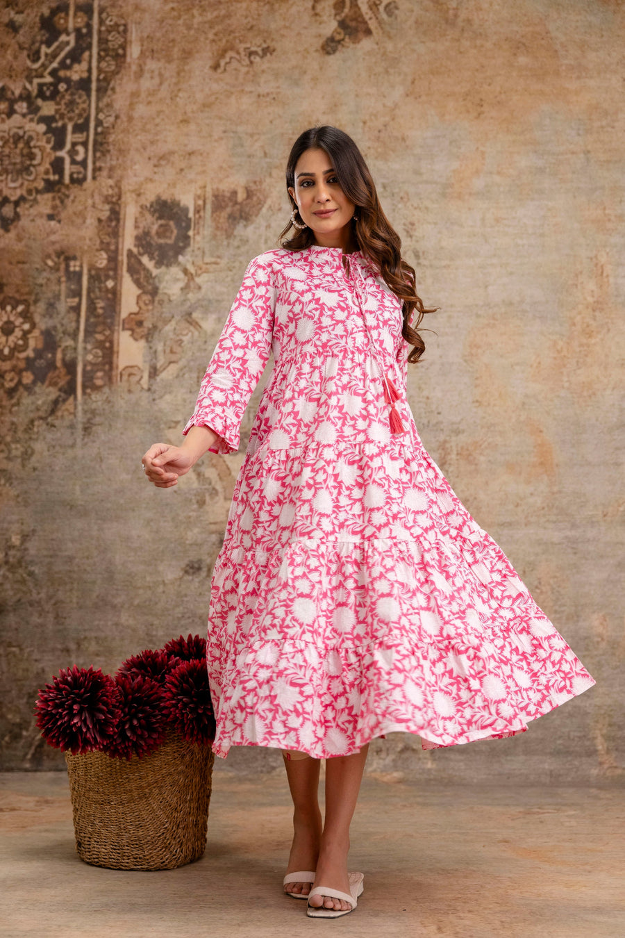 Pretty in Pink: Stylish Summer Floral Middi Dress for Women