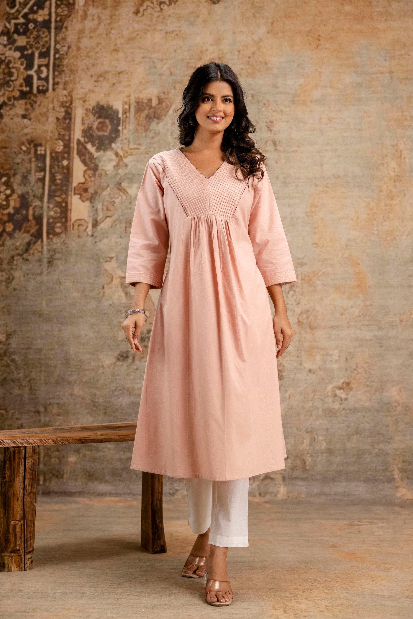 Aaronee Khadi Cotton Kurta Pant Set in blush pink for women
