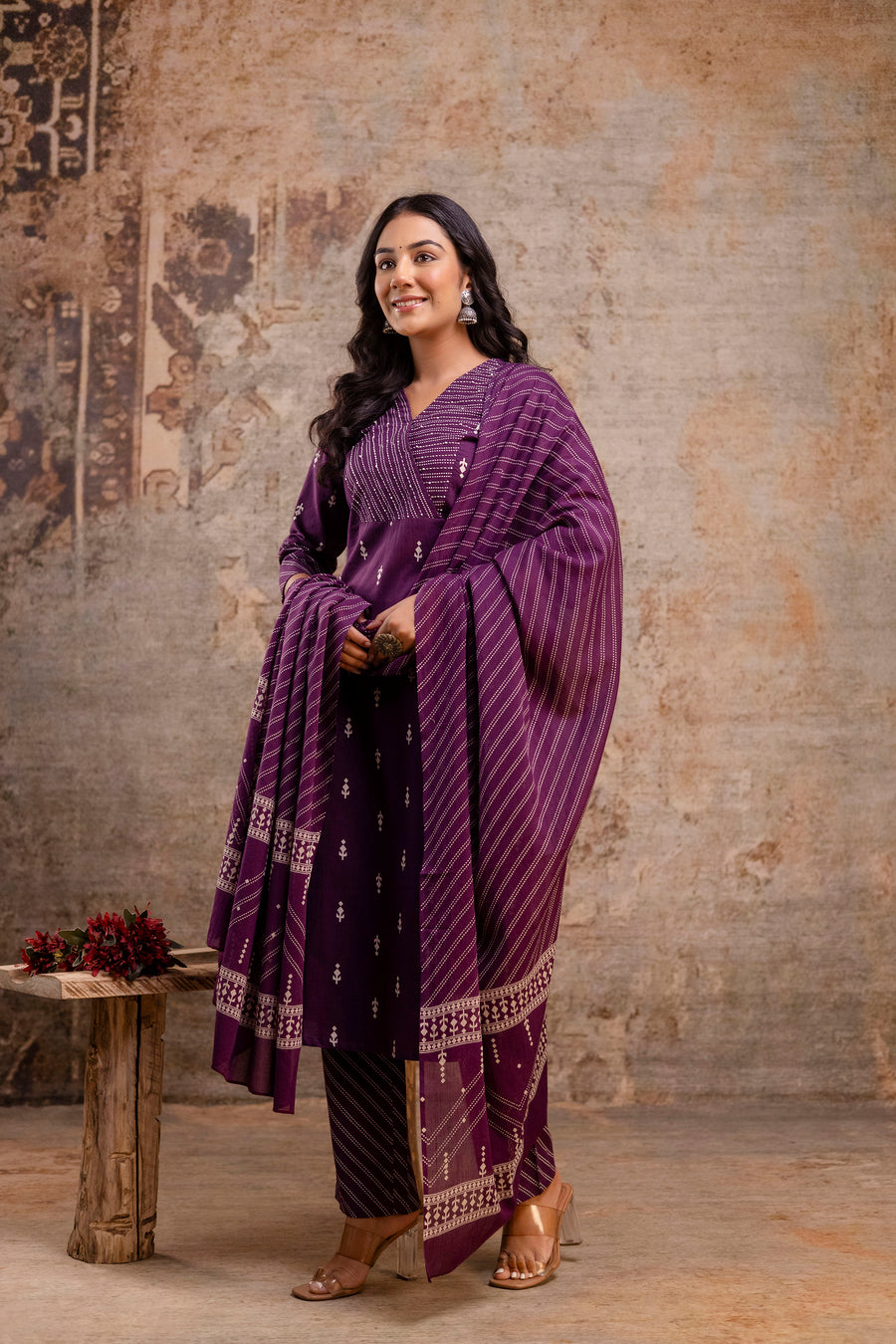 Aaronee Purple Printed Cotton Kurta Pant Dupatta Set for Women – Elegant Ethnic Wear