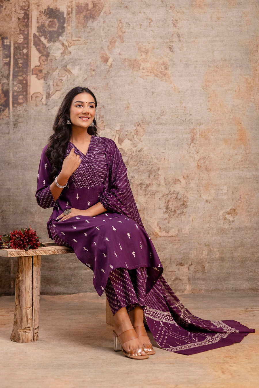 Aaronee Purple Printed Cotton Kurta Pant Dupatta Set for Women – Elegant Ethnic Wear