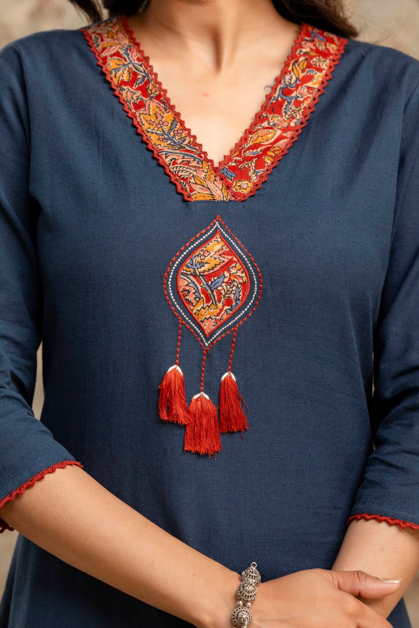 Navy Blue Solid Kurta Set with Printed Pants – Pure Cotton Ethnic Wear by Aaronee