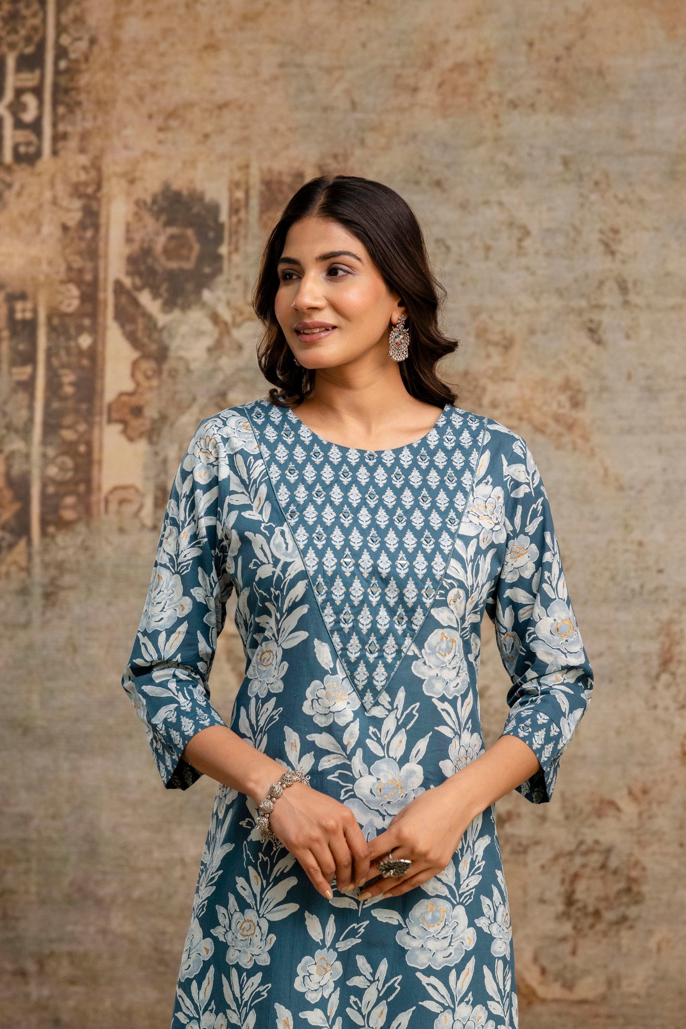 Blue Floral Pure Cotton Kurta Set with Hand Work Yoke – Aaronee Elegant Ethnic Wear