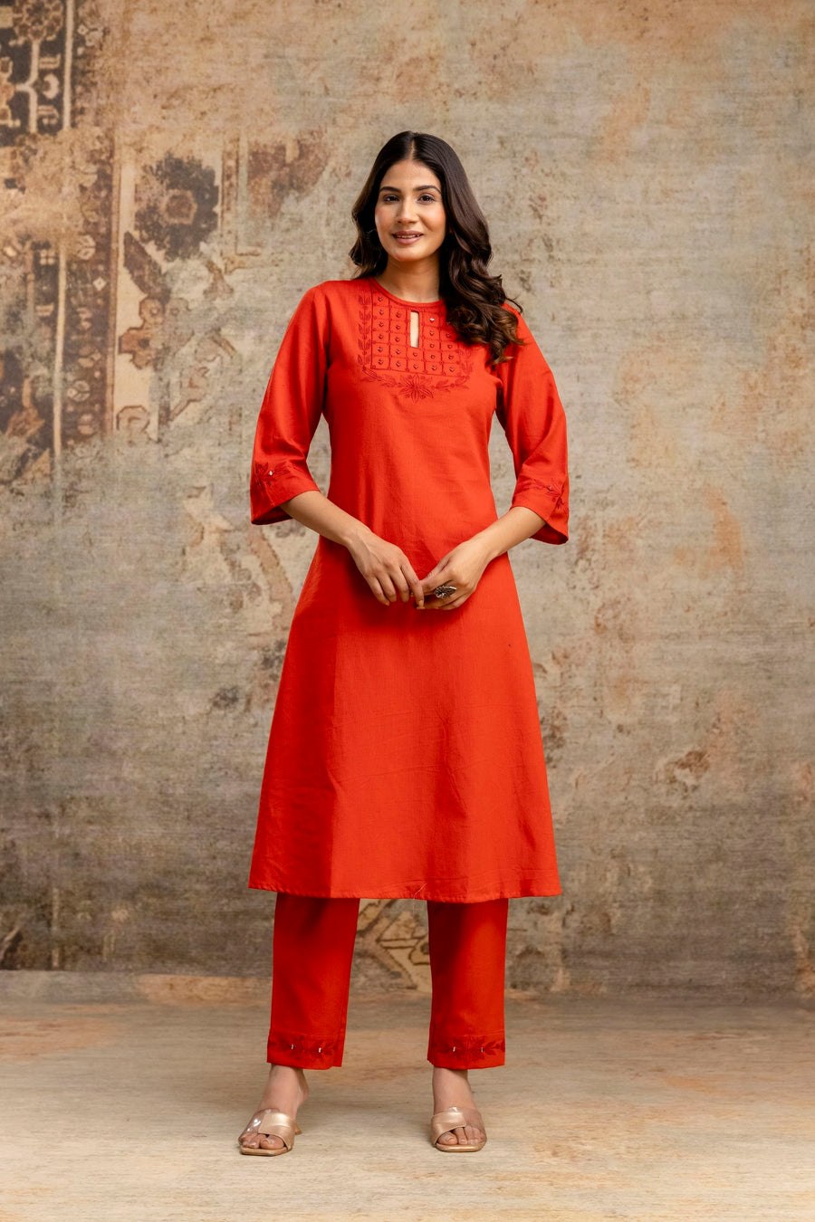 Rust Orange Pure Cotton Kurta Set with Embroidery Yoke – Aaronee Ethnic Wear