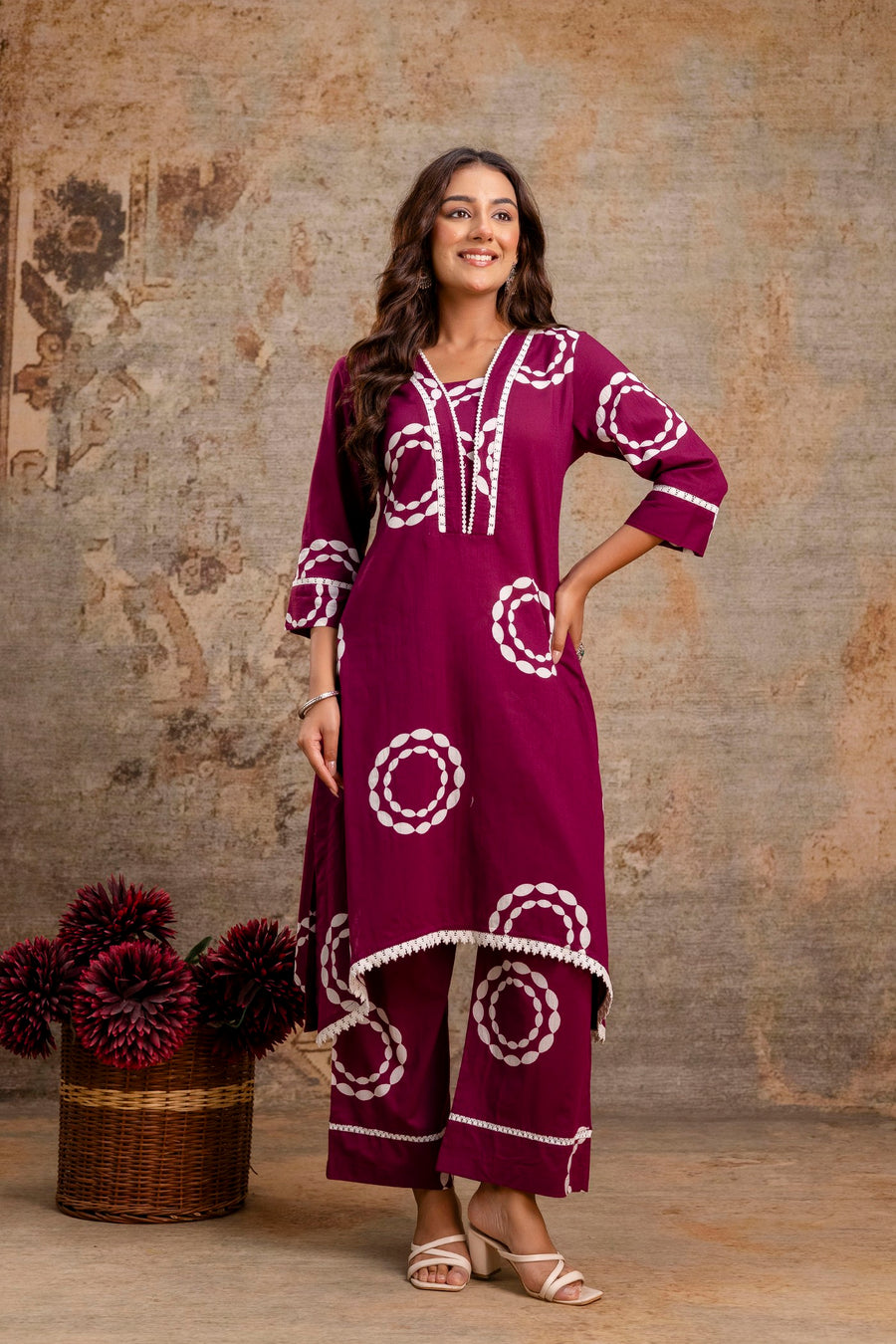 Maroon Bandhani Printed Kurti Pant Set – Asymmetric Hem Cotton Kurta by Aaronee