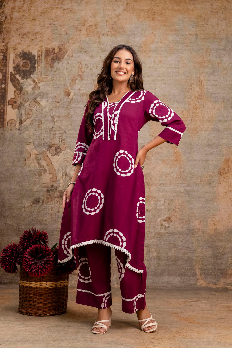 Maroon Bandhani Printed Kurti Pant Set – Asymmetric Hem Cotton Kurta by Aaronee