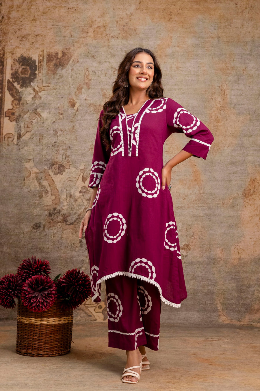Maroon Bandhani Printed Kurti Pant Set – Asymmetric Hem Cotton Kurta by Aaronee