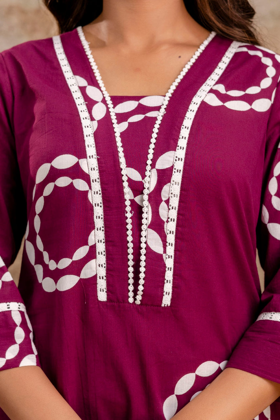 Maroon Bandhani Printed Kurti Pant Set – Asymmetric Hem Cotton Kurta by Aaronee