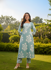 Sea Green Printed Cotton Kurta Pant Set for Women – Aaronee Pure Cotton Collection