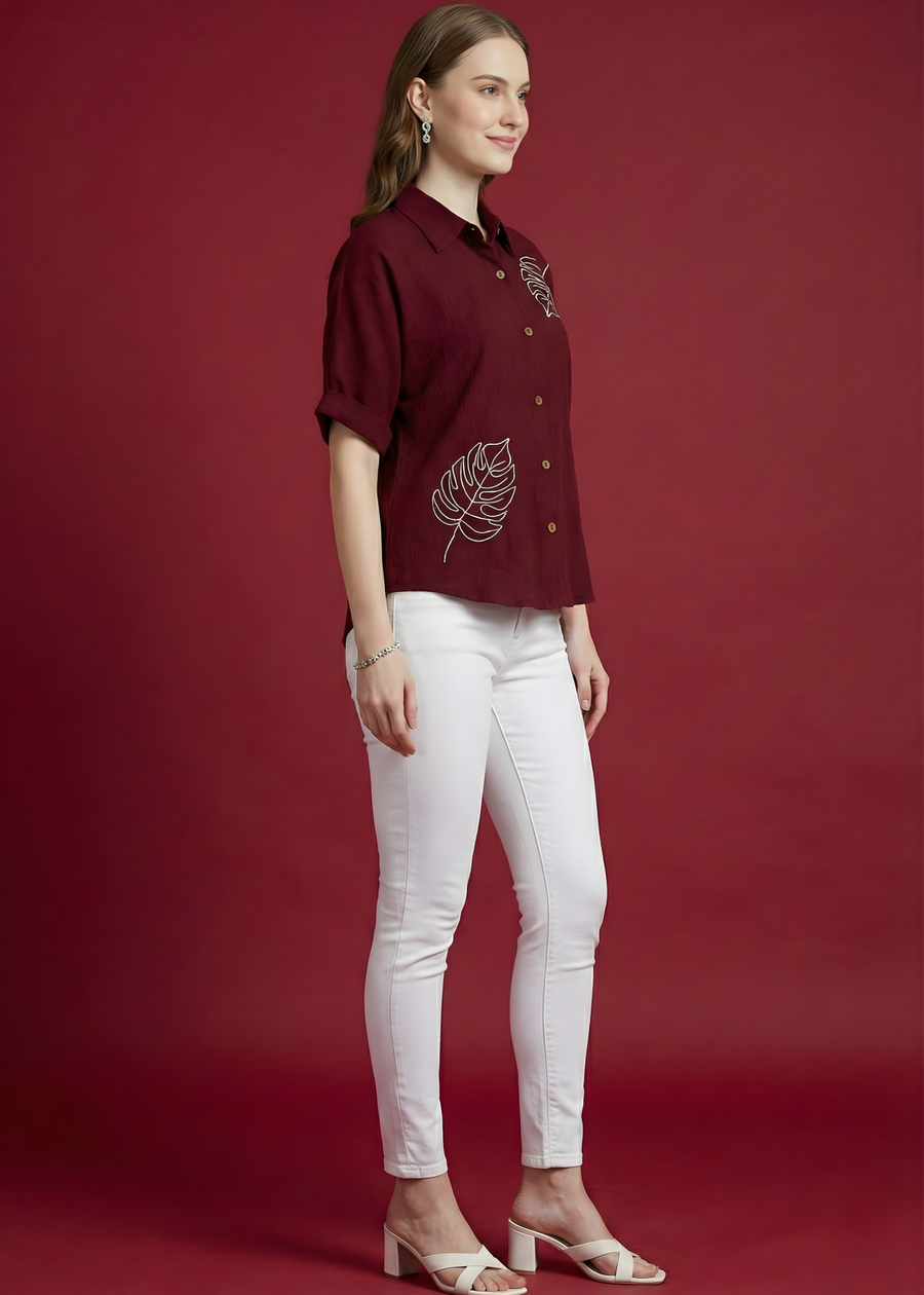 Aaronee embroidered hammer fabric maroon top