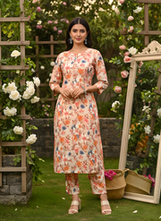 Orange Flower Print Kurta Set for Women