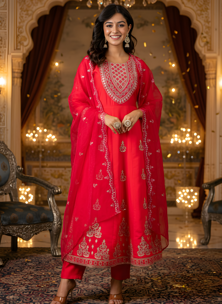 Elegant Rani Pink Embroidered Anarkali Kurta Set for Women