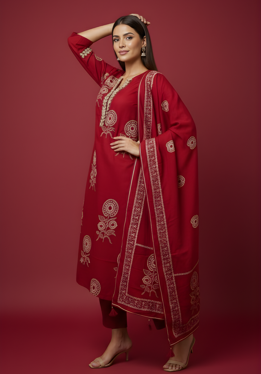 Maroon Embroidered Pure Cotton Kurta DSet for Women – Aaroneeupatta