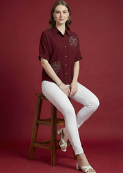 Aaronee leaf embroidery casual top