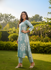 Sea Green Printed Cotton Kurta Pant Set for Women – Aaronee Pure Cotton Collection