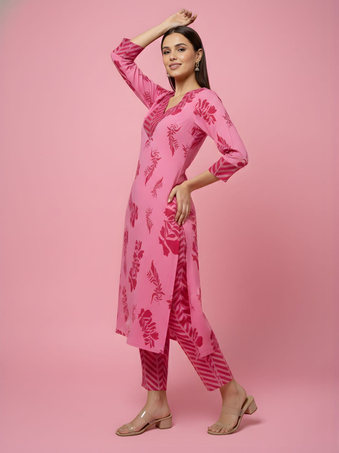 Aaronee pink floral pure cotton kurta pant set front view