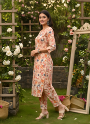 Orange Flower Print Kurta Set for Women