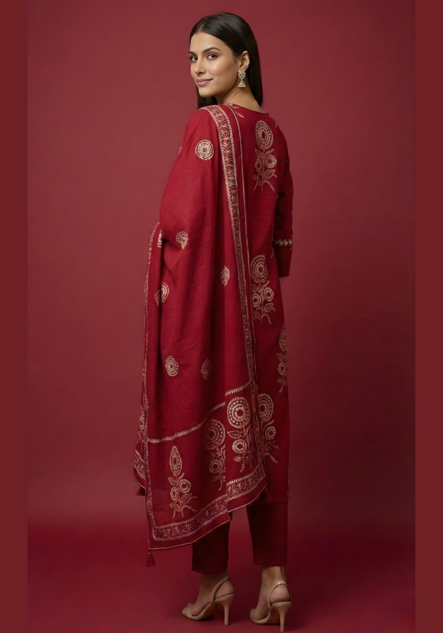 Maroon Embroidered Pure Cotton Kurta DSet for Women – Aaroneeupatta