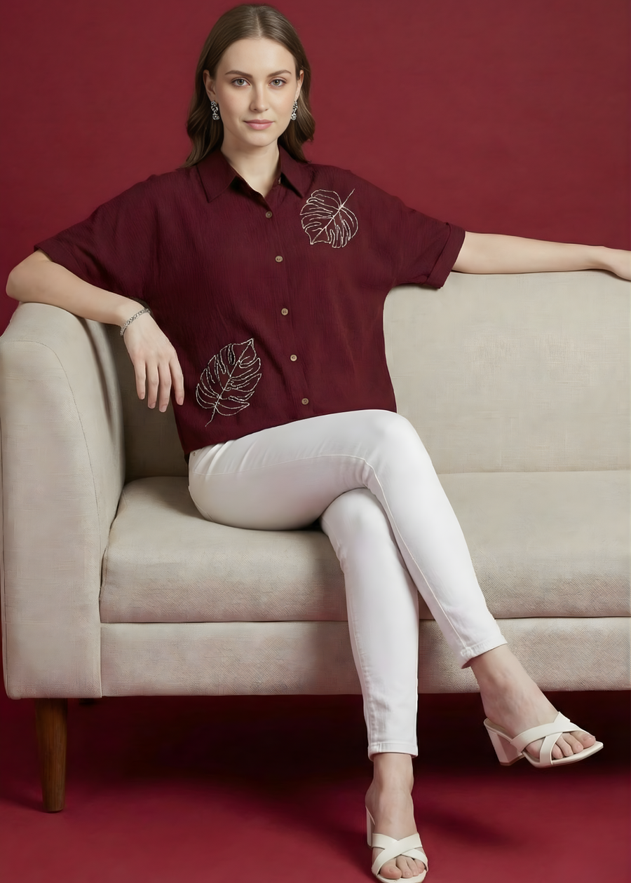 Aaronee button-down maroon women’s top