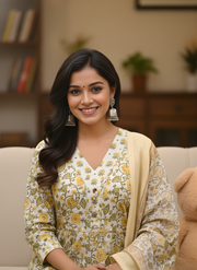 Yellow Flower Print V-Neck Kurta Set for Women with Dupatta