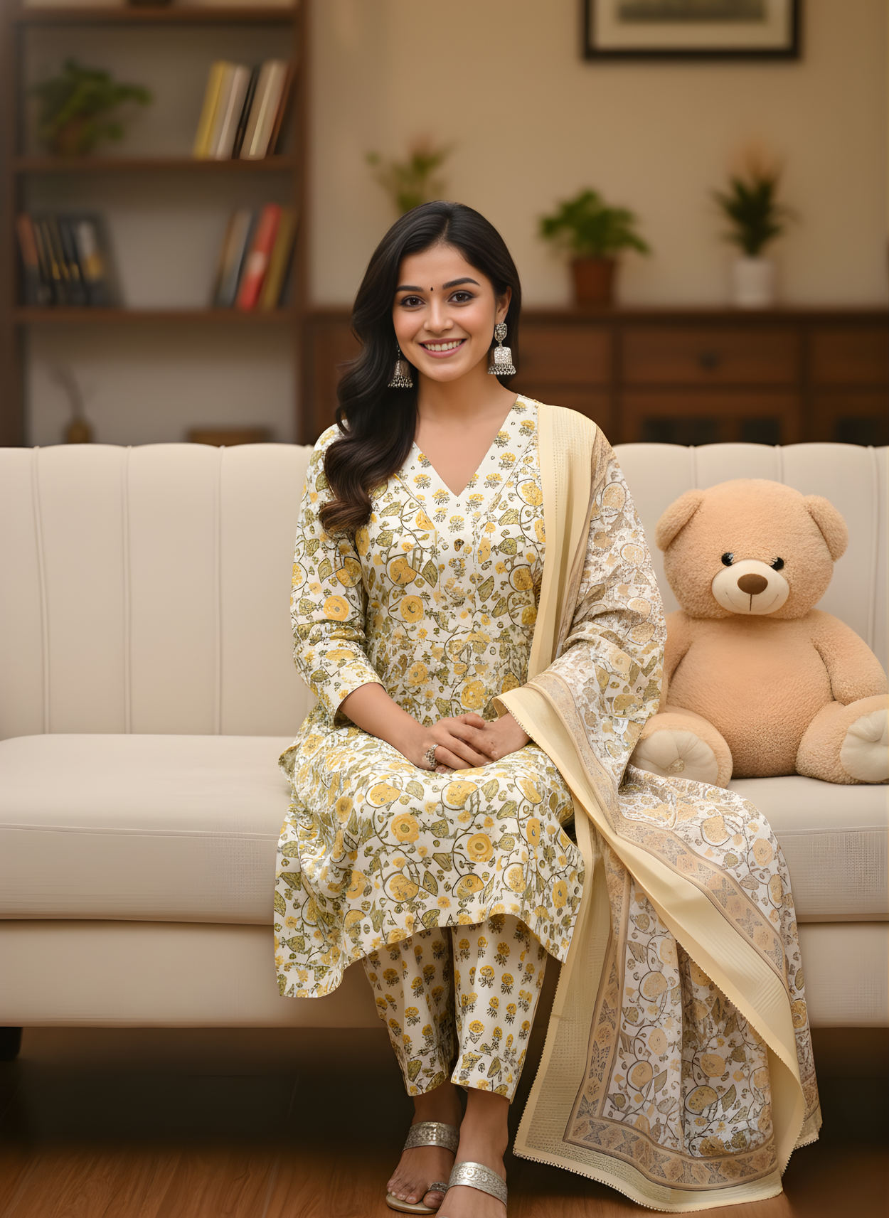 Yellow Flower Print V-Neck Kurta Set for Women with Dupatta