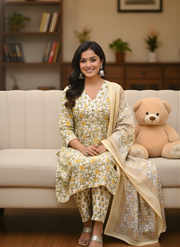 Yellow Flower Print V-Neck Kurta Set for Women with Dupatta