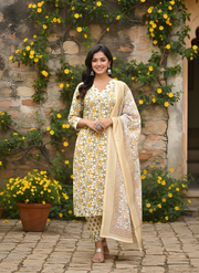 Yellow Flower Print V-Neck Kurta Set for Women with Dupatta