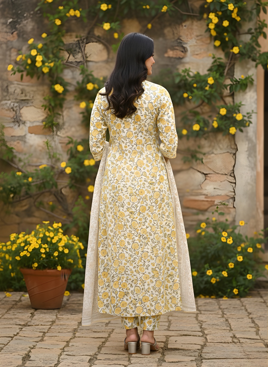 Yellow Flower Print V-Neck Kurta Set for Women with Dupatta