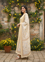 Yellow Flower Print V-Neck Kurta Set for Women with Dupatta