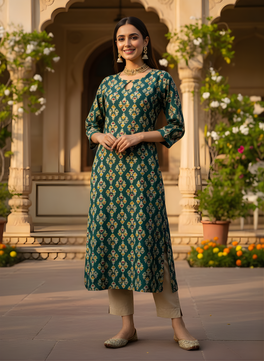 Aaronee Teal Green Pure Modal Chanderi Ethnic Printed Long Kurti for Women | Elegant Festive & Office Wear